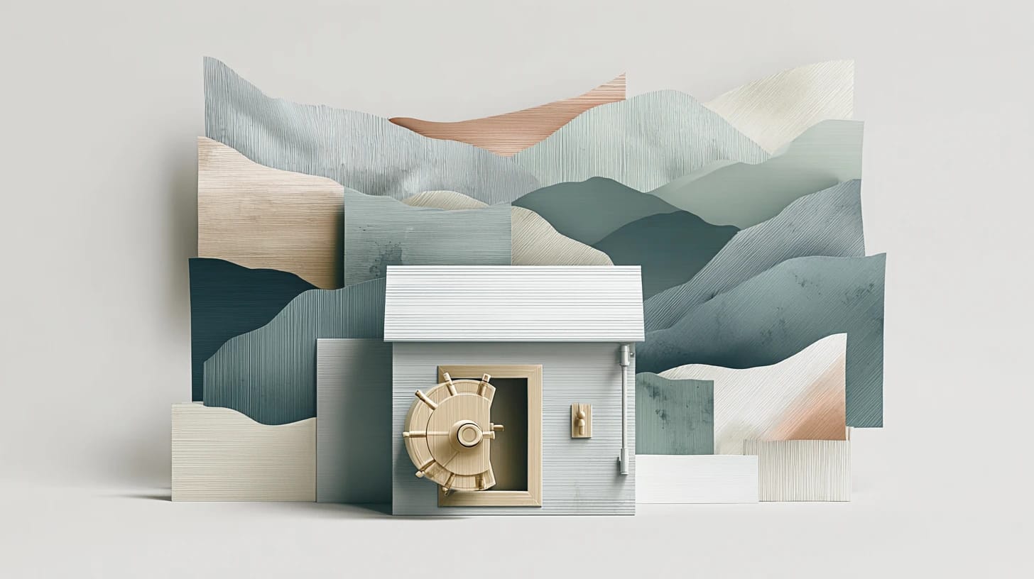 Paper-craft illustration of a house with a bank vault door, set against layered paper hills
